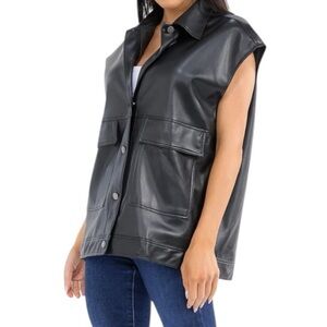Black Vegan Leather Sleeveless Jacket